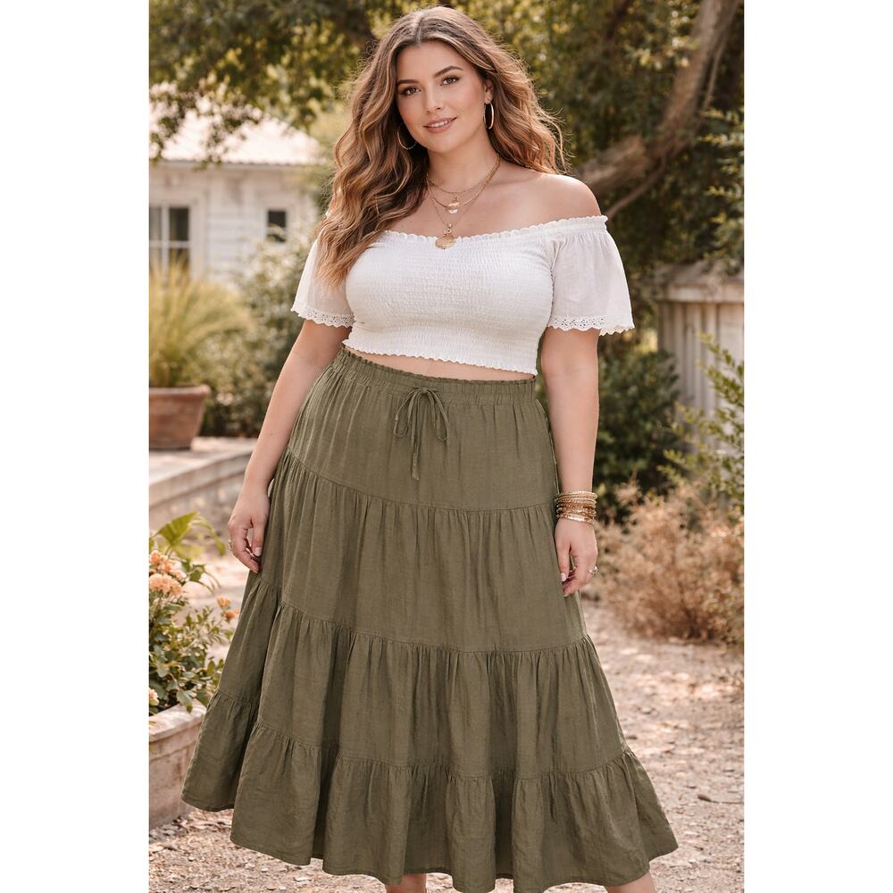 Cider Sage Green Tiered Maxi Skirt Boho Elastic Waist Long Skirt 3XL Cottage